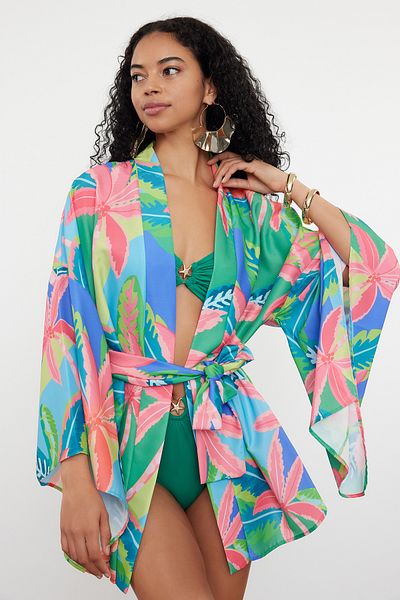 Trendyol Collection Mini Woven Kimono and Caftan - Underwater Pattern and Belted TBESS23KM00024
