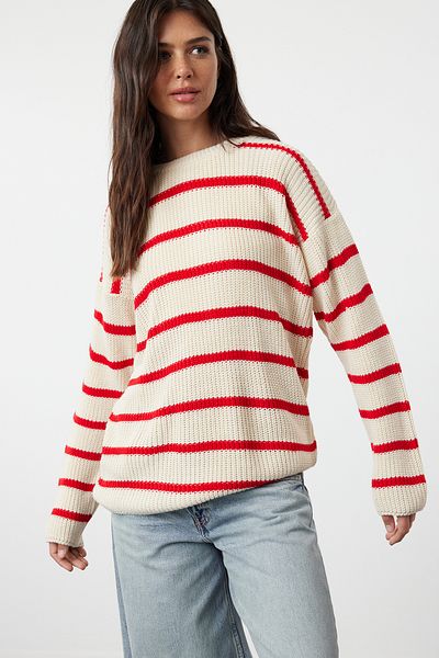 Trendyol Collection Wide Fit Cream Striped Knitwear Sweater - Twoaw23Kz00720
