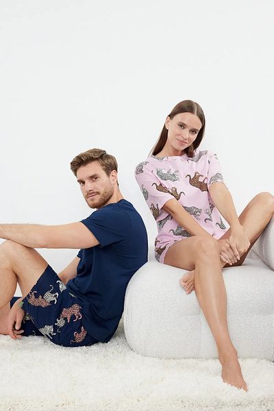 Trendyol Collection Women's Couple/Pair Multicolor 100% Cotton Tiger Print Knitted Pajamas Set with Shorts Thmss24Pt00078