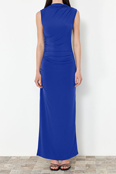 Trendyol Collection Saks Draped Fitted/Fitted Stand-up Collar Sleeveless Flexible Knitted Maxi Pencil Dress TWOSS24EL00830