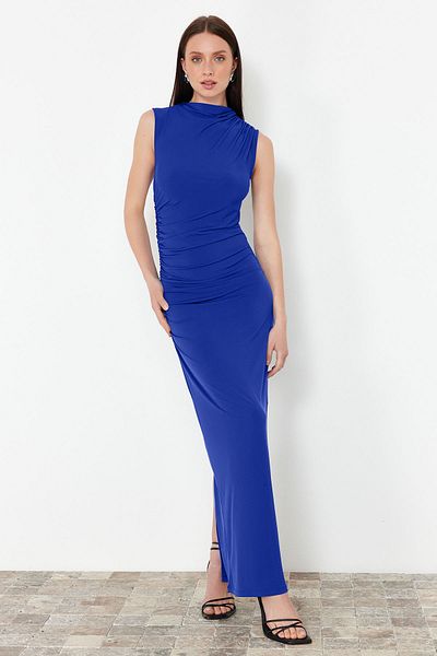 Trendyol Collection Saks Драпіровані Приталені Приталені Приталені до тіла Сидячий комір-стійка Без рукавів Еластична сукня-олівець Orme максі TWOSS24EL00830