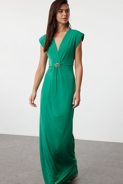 Trendyol Collection Emerald Green Long Evening Dress with Shiny Stone Detail - TPRSS24AE00230