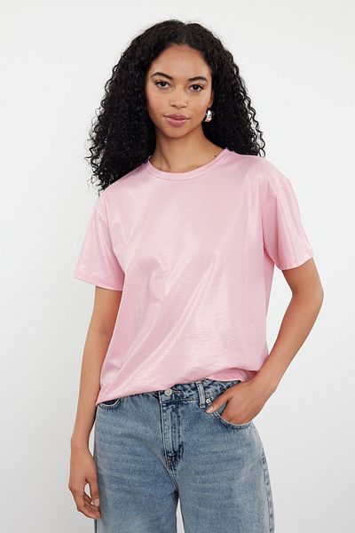 Trendyol Collection Rosa Folienmuster - Regular Fit Strickbluse TWOSS24BZ00097