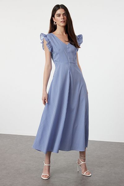 Trendyol Collection V-Neck Navy Blue Floral Print A-Line Dress - Ruffle Detail, Woven, TWOSS24EL01050