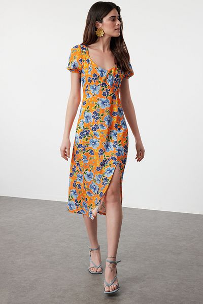 Trendyol Collection Orange Floral Print - A-line Short Sleeve Maxi Dress TWOSS24EL01047