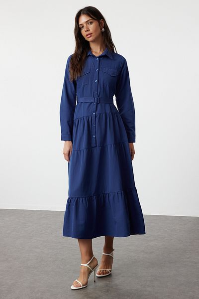 Trendyol Modest Βαμβακερό Μπλε Φόρεμα Πουκάμισο - TCTSS24EB00254