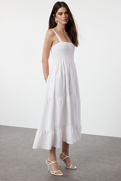 Trendyol Collection Λευκό MAxi υφαντό φόρεμα - σε γραμμή Α, ελαστικό, τετράγωνο γιακά, φόδρα TWOSS24EL01052