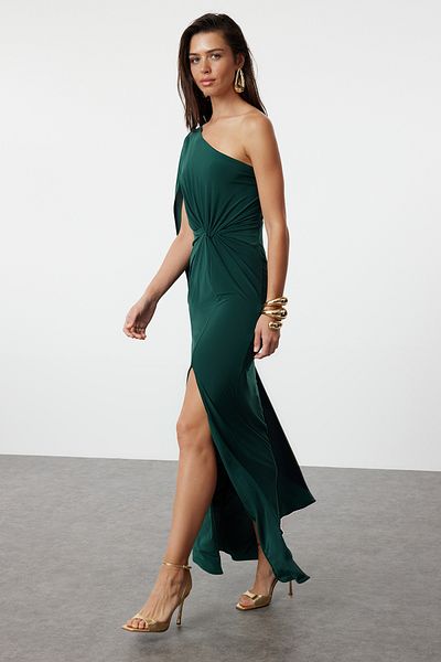 Trendyol Collection Σμαραγδένιο Πράσινο Πλεκτό Βραδινό Φόρεμα Μονόμανικο - Φόρεμα επιστροφής στο σπίτι TPRSS24AE00228
