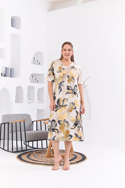 RMG Çiçek Desenli Büyük Beden Sarı Elbise