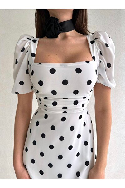 Afiş Butik Beyaz Puantiyeli Drapeli Kare Yaka Uzun Elbise