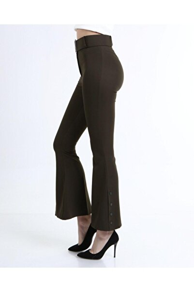 Bluence Khaki Belted Belted Button Detailed Trousers