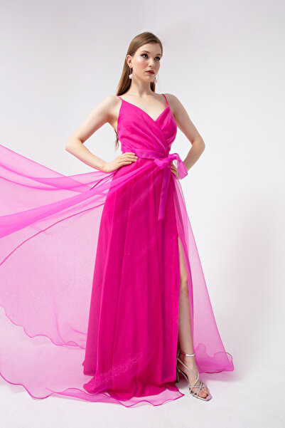 Lafaba Női fukszia duplasoros nyakú, öves hosszú ezüst estélyi ruha