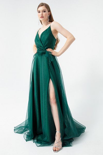 Lafaba Smaragdgrünes, zweireihiges, silbernes Abendkleid mit Ausschnitt und Gürtel für Damen
