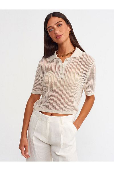 Dilvin 10376 Polo Neck Buttoned Short Sleeve Sweater-ecru