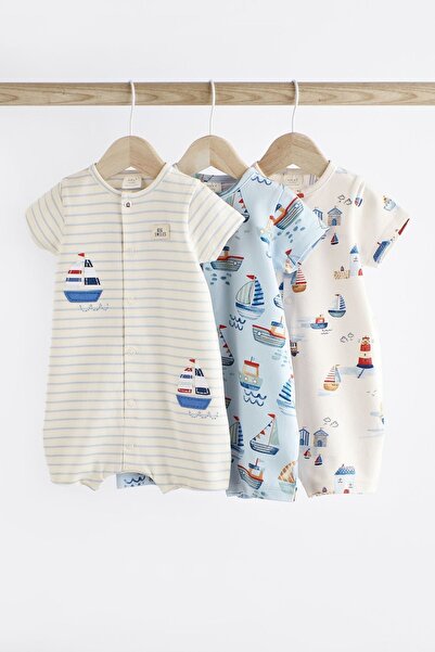 Next Baby 100 Cotton White Blue Boat Patterned 3 Piece Romper Set