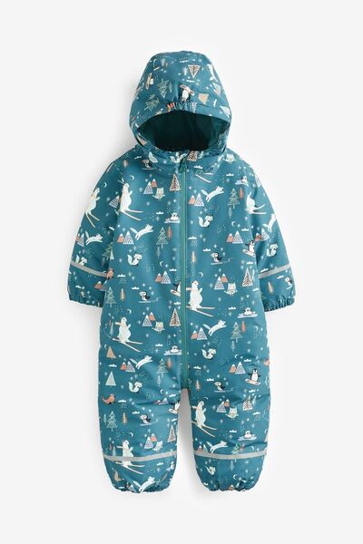 Next Baby Teal Blue Animal Patterned Full Fleece Lined Waterproof Snow Jumpsuit