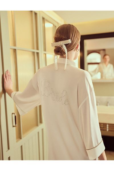 Koton Satin-Morgenmantel für die Braut, glänzender Stein, bestickt, Brautgürtel