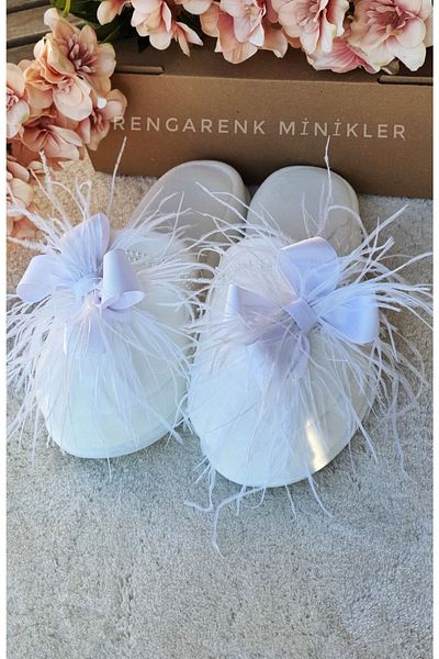 Rengarenk Minikler Λεπτομερείς μητρικές παντόφλες με λευκό φιόγκο (BRIDE BRIDE SLIPPERS) – Παντόφλες για το σπίτι – Παντόφλες για το σπίτι – Σπίτι