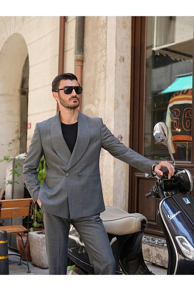 LONATOLİA Men's Double Breasted Suit Shawl Collar Italian Style Slim Fit Jacket Trousers-Grey