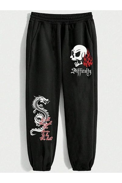 modaberry Difficulty Dragon Sweatpants Jogger - Μαύρο εμπριμέ ψηλόμεσο πόδι από καουτσούκ