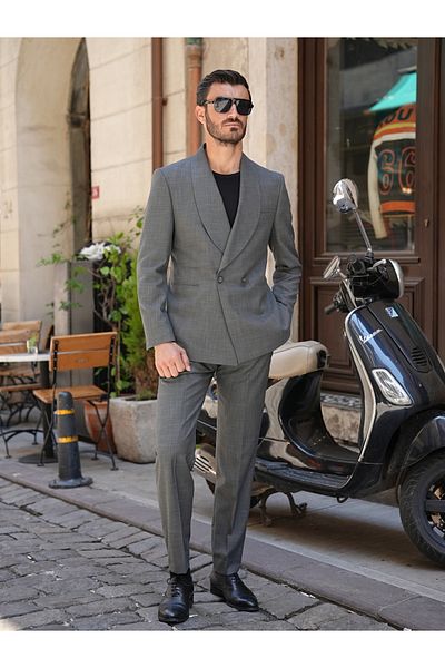 LONATOLİA Men's Double Breasted Suit Shawl Collar Italian Style Slim Fit Jacket Trousers-Grey