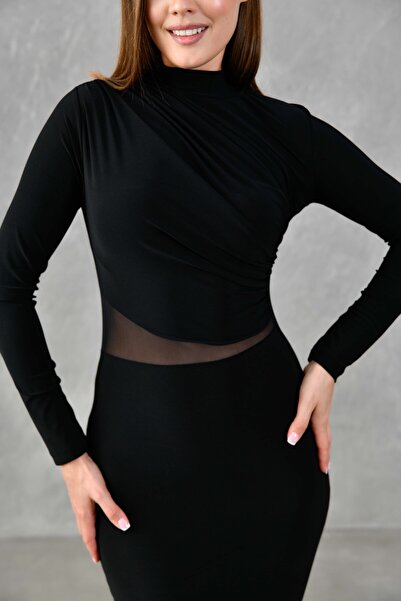 vuvutasarım Dlouhý rukáv, pružná písková tkanina, vysoký límec, průhledné černé večerní šaty midi délky s nízkým střihem 10957