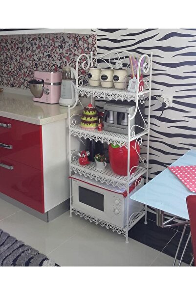 Ferforje Naz tasarım Ferforje Dekorasyon 4 Katlı Üçgen Dantel Detaylı Çok Amaçlı Raf Beyaz