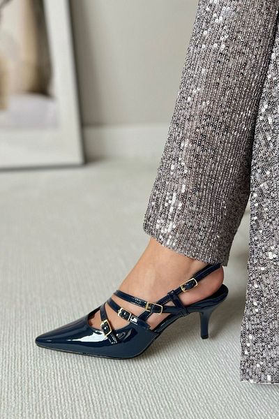 POLKA STORE Obsession Triple Pointed Toe Three-Striped Buckle Navy Blue Patent Leather Heeled Women's Shoes