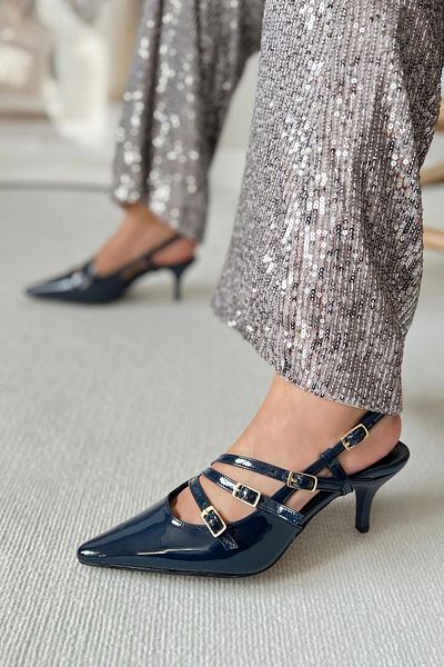 POLKA STORE Obsession Triple Pointed Toe Three-Striped Buckle Navy Blue Patent Leather Heeled Women's Shoes