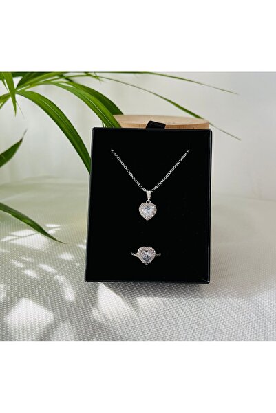 RM Bijuteri Zirkon Taşlı Kalp Çelik Yüzük Kolye Seti