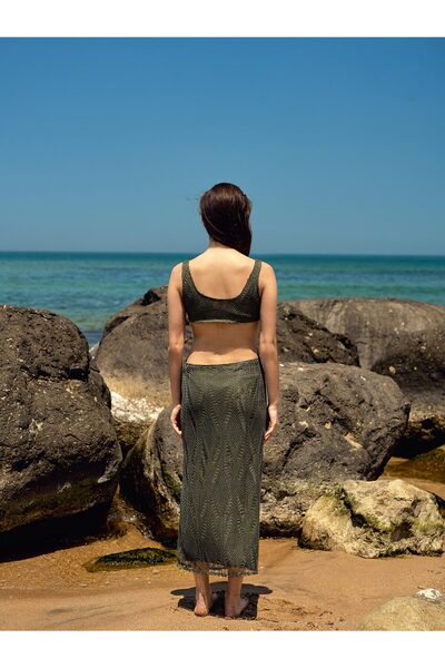 Juste Studio Khaki csipke Midi ruha alacsony derékkal