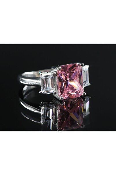 Gezer Kuyumculuk Baget Taşlı Gümüş Yüzük,  Pembe Gümüş Yüzük, Pembe Kuvars Yüzük