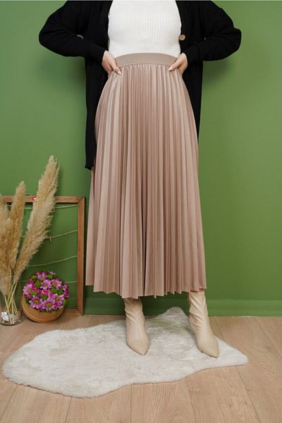 Rudaconcept Γυναικεία Δερμάτινη Όψη Πλισέ Φούστα Milk Brown Χρώμα Νέας Σεζόν