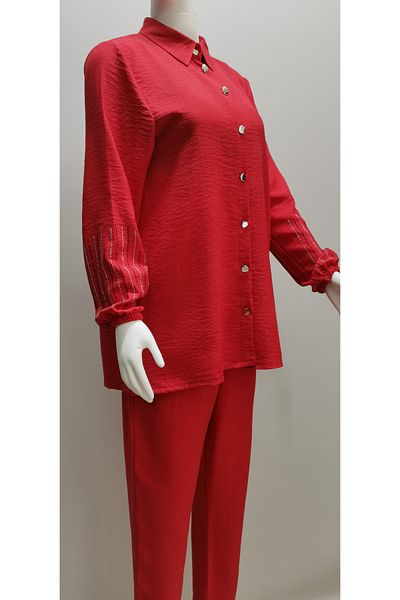 B.HE.Z Ayrobin Linen Set - Stone Detailed Shirt Collar and Loose Tunic