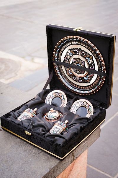 GABAALTI 2-Person Ottoman Patterned Copper Cup and Turkish Coffee Set - Enamel Box