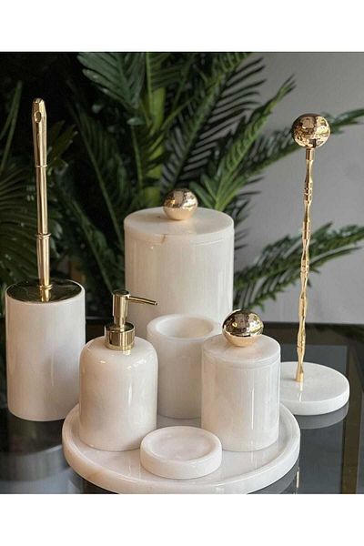 ege gross Canisa- Gold Top Detailed - White Marbroom Bathroom Set - 8 Pieces