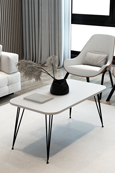 Modalanka Dikdörtgen Orta Sehpa Oval Kenar Dekoratif Sehpa Orta Sehpa Metal Tel Ayak Ahşap