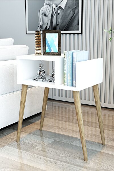 Modalanka Begonya Koltuk Yanı Sehpa Raflı Sehpa Dergilik Gazetelik Sehpa Gürgen Ayak, Beyaz
