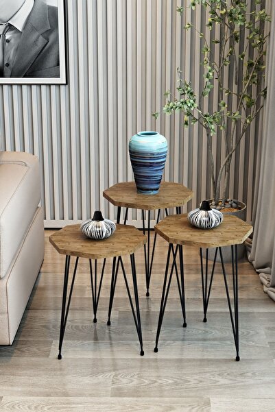 Modalanka 3'lü Zigon Sehpa Sekizgen Model Zigon Sehpa Metal Tel Ayak