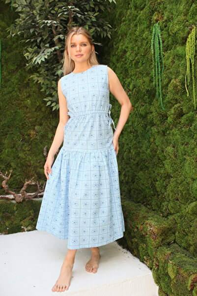 Grace&Lilly Atelier MEVA Mavi Desenli Belden Büzgülü Elbise
