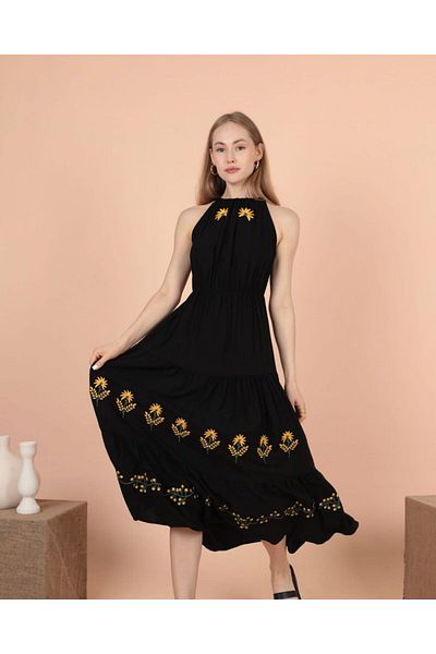BeyzaBayram Black Embroidered Halter Collar Plus Size Dress - KatKat Casual Viscose