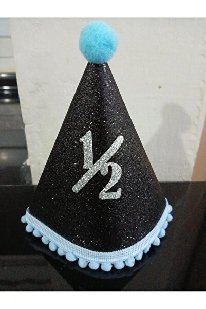 SURPRISE PARTY STORE Yarım Yaş 1/2 Yaş 6 Ay Doğumgünü Partisi Siyah-Mavi Ponponlu Mini Çocuk Şapka Kukuleta
