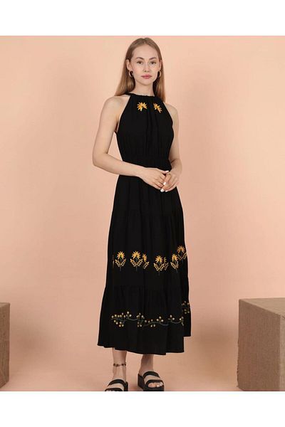 BeyzaBayram Black Embroidered Halter Collar Plus Size Dress - KatKat Casual Viscose