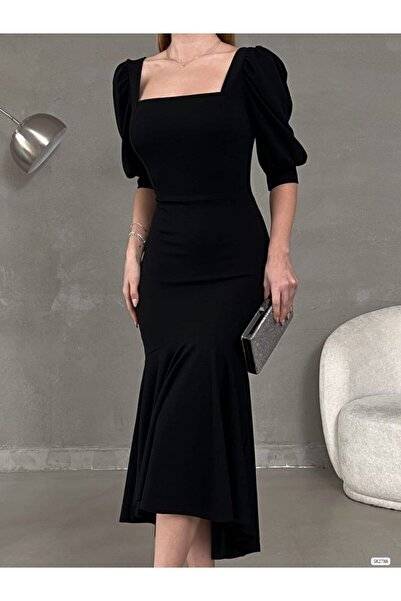 Varyete Prenses Kol Eteği Volanlı Kare Yaka Midi Boy Krep Kumaş Abiye Elbise Düğün Nişan Söz Davet