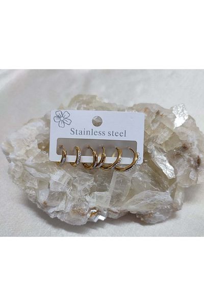 Rapithwin 6-Piece Unisex Hoop Earring Set - Steel Gold Color, Stoned Basic 3 Sizes