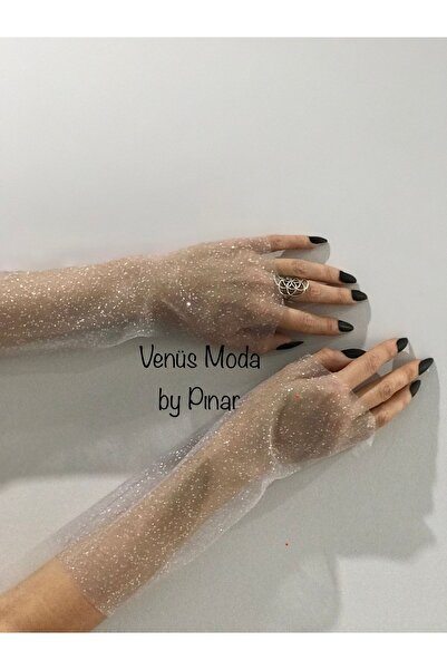 VENÜS MODA by Pınar Ασημί γκλίτερ τούλινα γάντια χωρίς δάχτυλα Γάντια γάμου Γάντια αρραβώνων