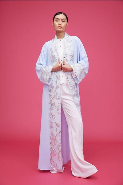 Nuum Design Brocade Garnished Abaya Light Blue & Shawl