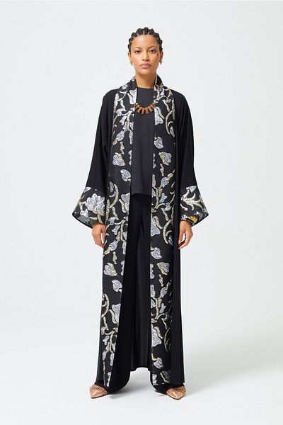 Nuum Design Brocade Garnished Abaya Black & Shawl