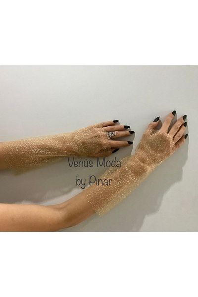 VENÜS MODA by Pınar Gold Glitter Tulle Gloves Fingerless Wedding Bridal Gloves Wedding Gloves Engagement Gloves