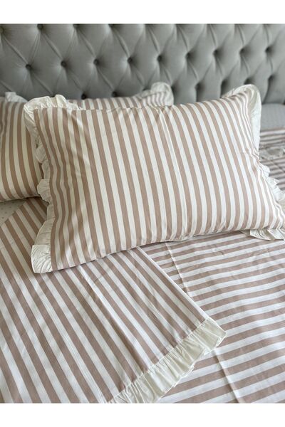 calinahome طقم غطاء لحاف كريمي مخطط ومكشكش